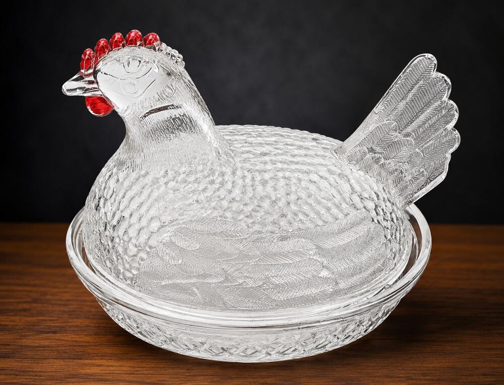 Vintage Clear Glass Hen on Nest Candy Dish Indiana Glass Basketweave Base AS IS